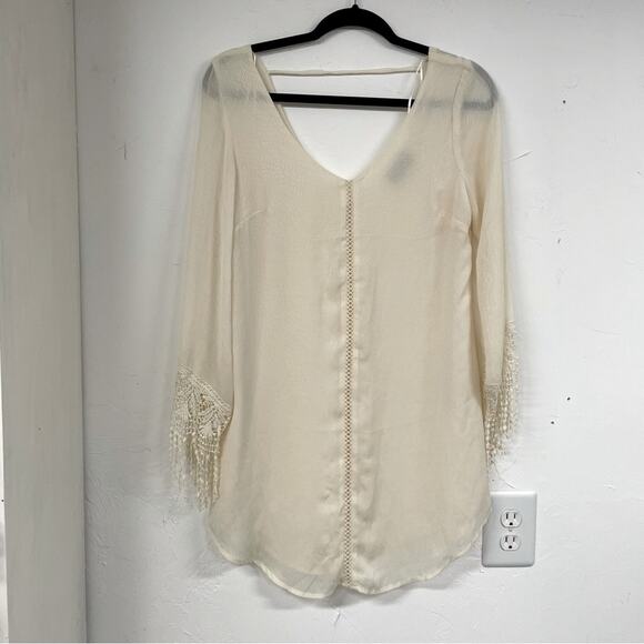 ASTR The Label Cream V Neck Lace Shift Mini Dress Women XS Festival Fringe Sheer - Picture 1 of 10